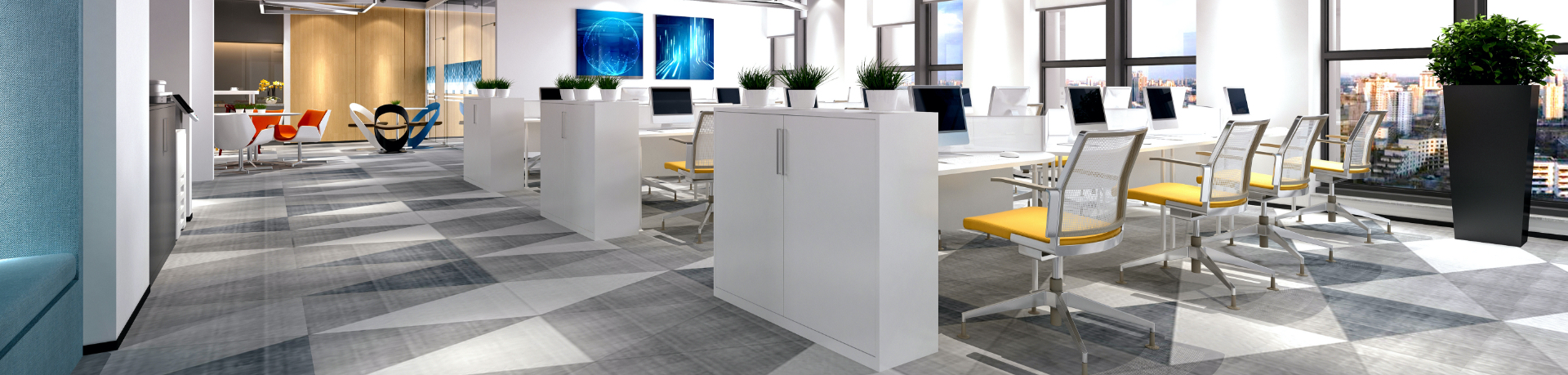 An large office building foyer with freshly cleaned floors and wiped down glass walls