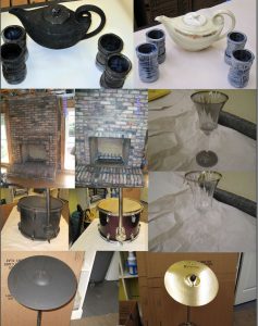 contents before and after soot was cleaned, of dishes, a fireplace, drums and cymbals 